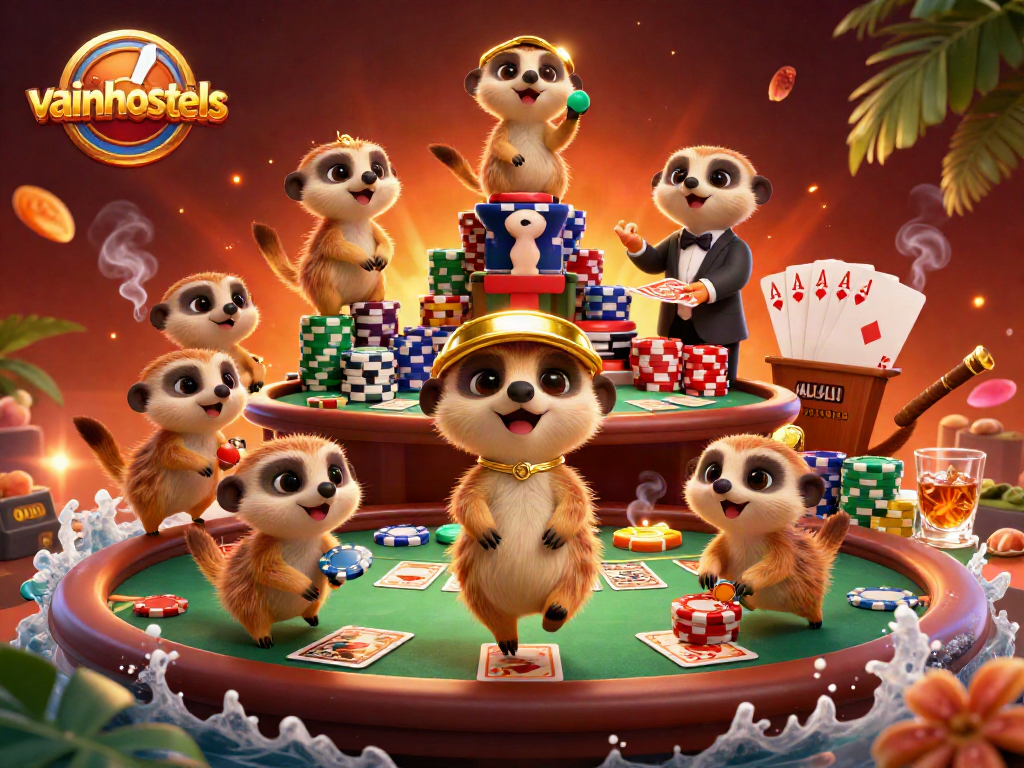 Engage with vainhostels in a vibrant casino operation featuring meerkats and dynamic poker game elements.
