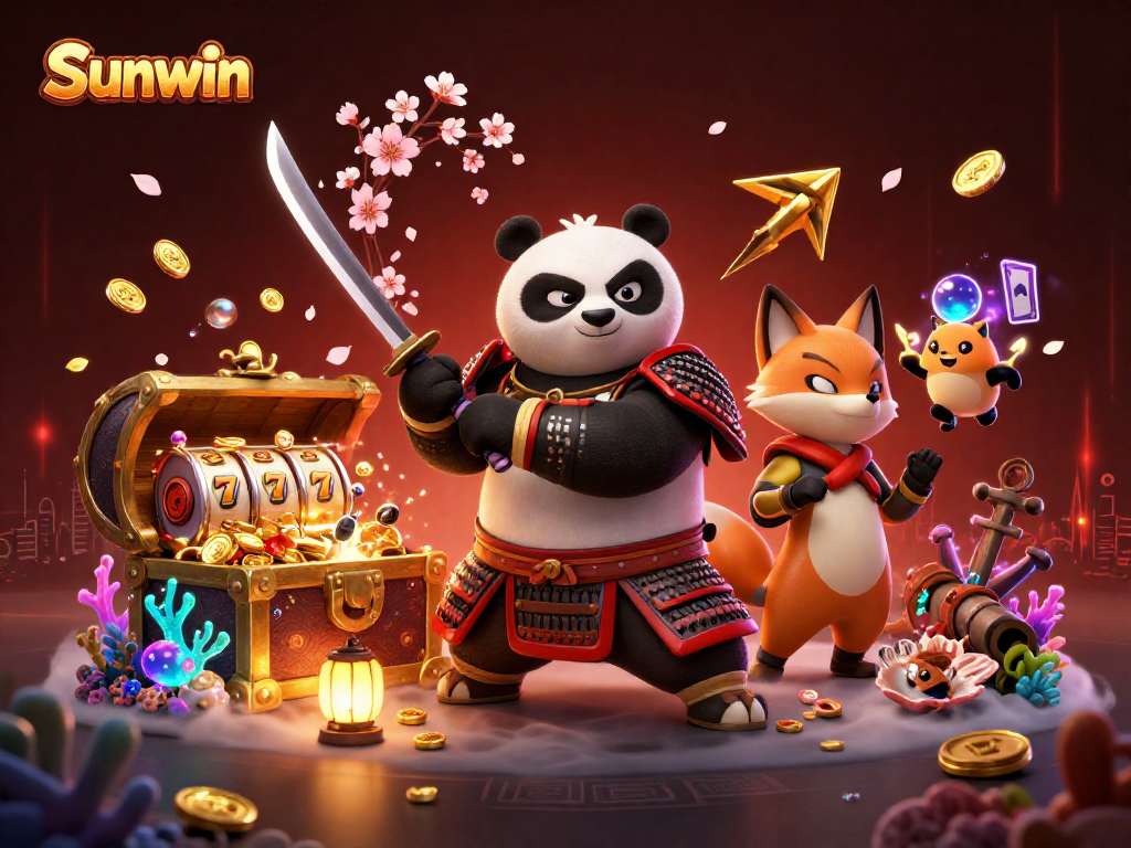 Experience thrilling slots at Sunwin with a dynamic illustration featuring samurai panda, ninja fox, and magical tanuki!
