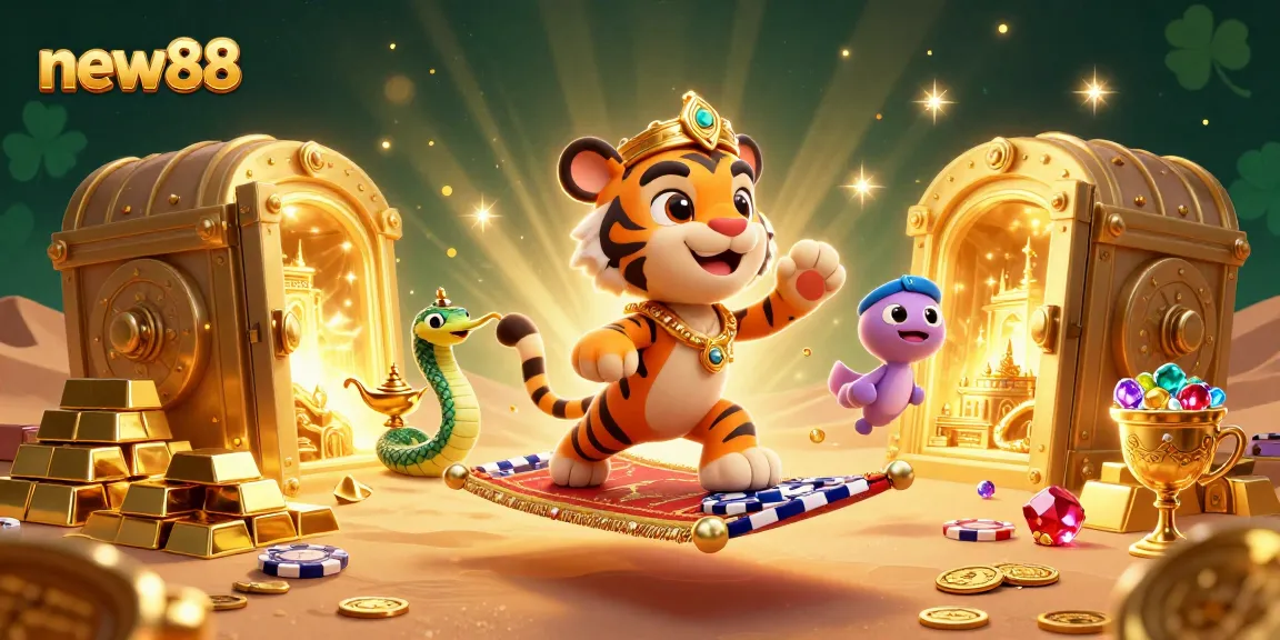 Experience the excitement of new88 with a colorful scene of a sultan and treasures from a magical casino adventure.