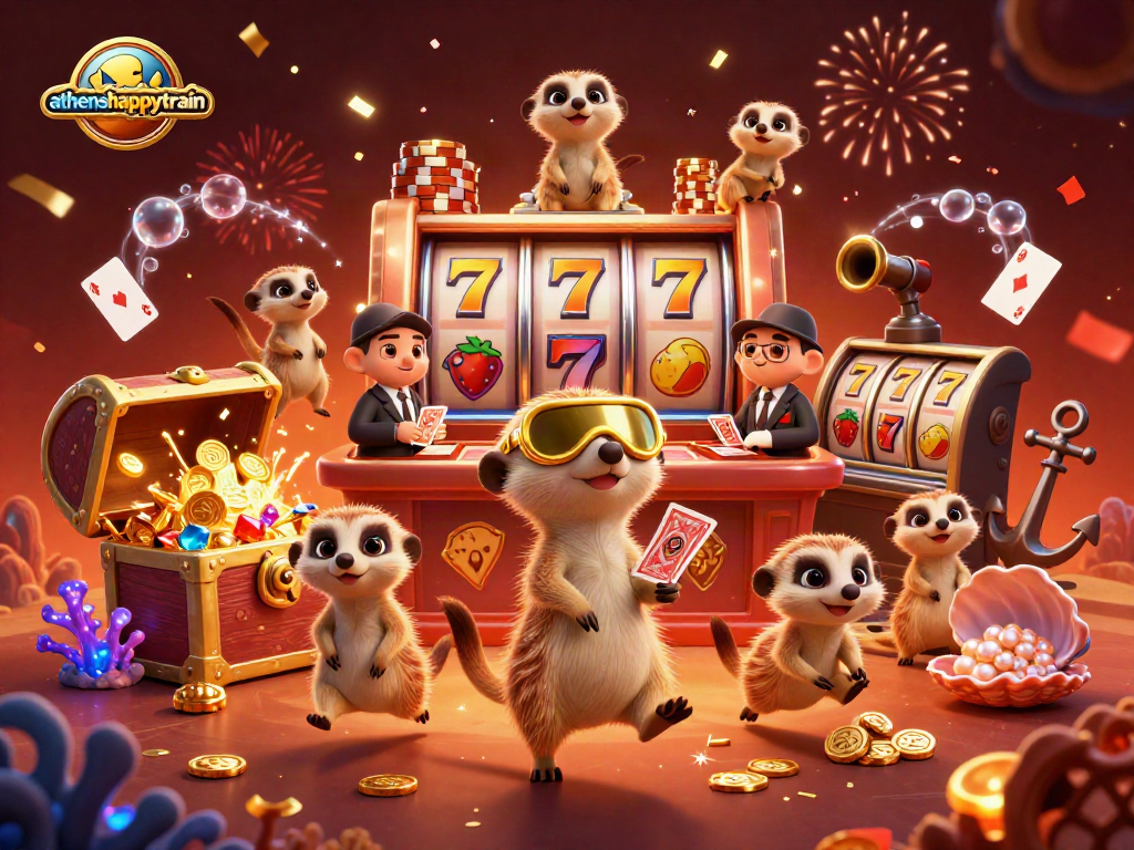 Experience thrilling action at athenshappytrain with playful meerkats running a vibrant casino.