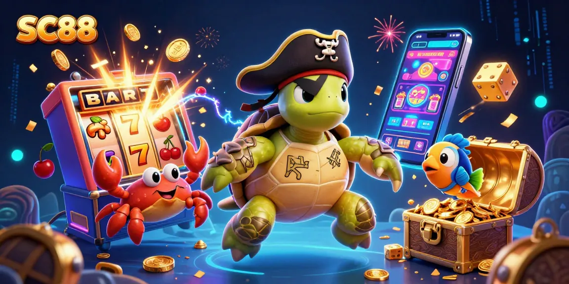 Experience the immersive excitement of SC88 with colorful slot machines and treasure in a lively casino scene.