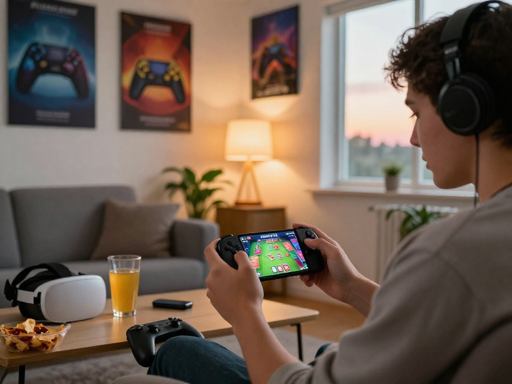 Engaging gaming atmosphere featuring a user playing the Alano Dt 5 app on their smartphone, showcasing colorful graphics and a cozy living room setting.