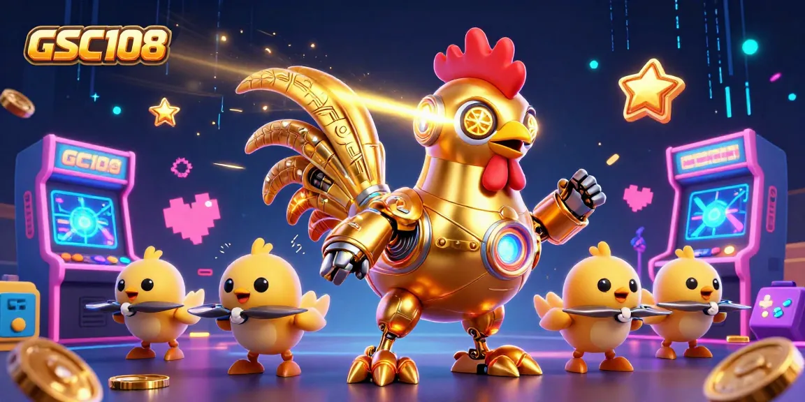 Engage in thrilling gaming with GSC108's vibrant 3D illustration featuring dynamic characters.
