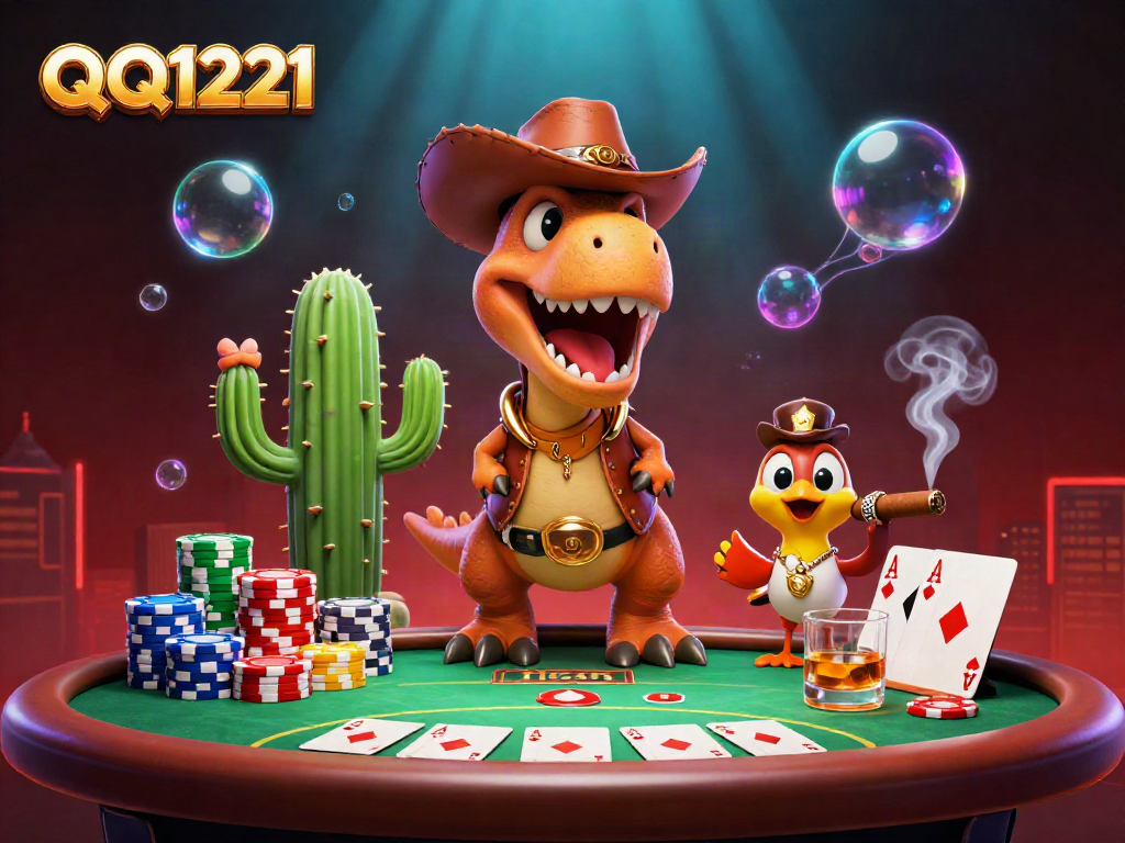 Experience the excitement of QQ1221 gaming with a dynamic casino scene featuring colorful poker elements and lively characters.