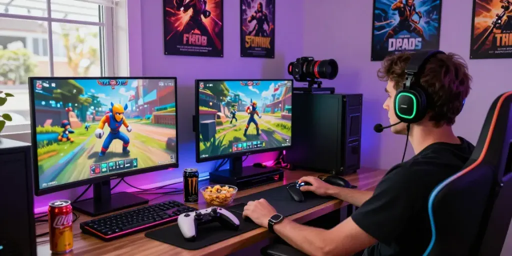 Gamer menggunakan diana4d di ruang bermain yang penuh warna dengan konsol dan makanan ringan.