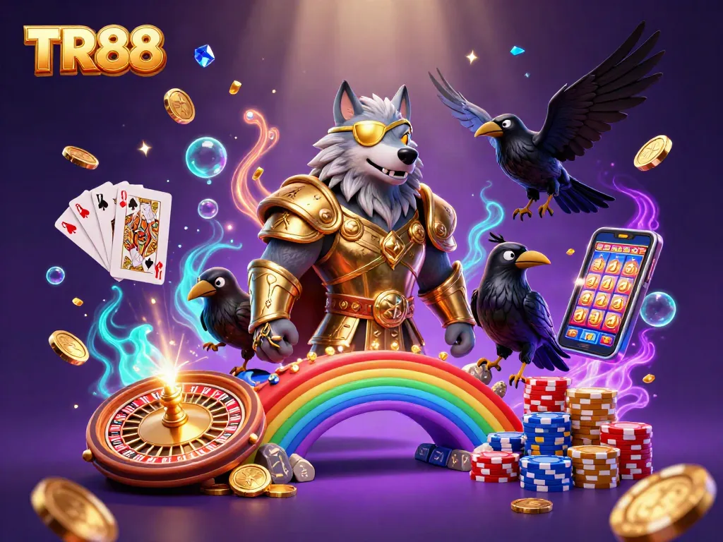 Engage in thrilling gameplay with TR88 as vibrant casino elements burst with energy.