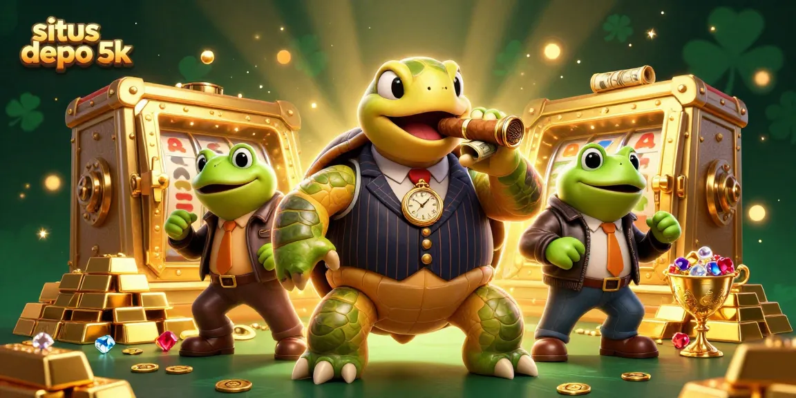 Experience thrilling moments with situs depo 5k, featuring a massive turtle in a mobster suit among slot machines.