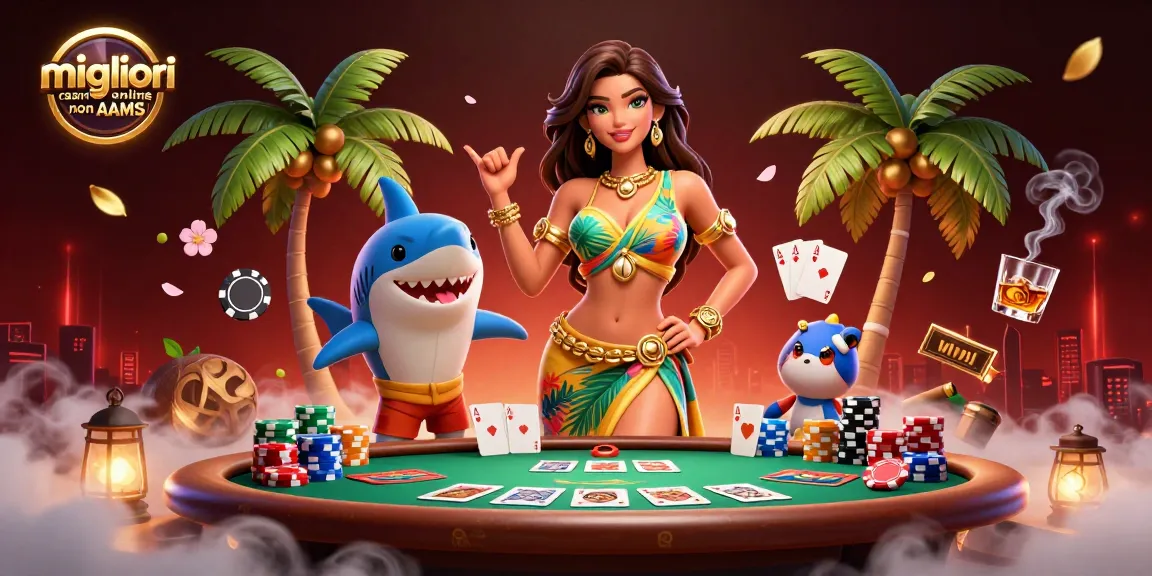 Interagisci con i migliori casino online non AAMS in questa vivace scena di casinò 3D con elementi di gioco.