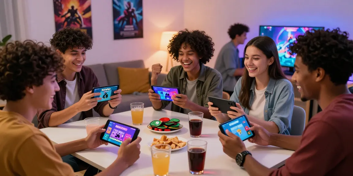 Friends enjoying yono games together, celebrating wins in a cozy living room.