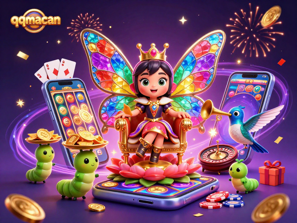 Experience the magic of qqmacan with a vibrant 3D casino scene filled with slots, chips, and dazzling characters.