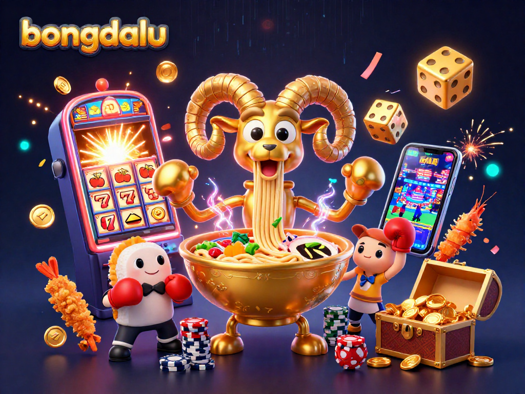 Engage with the vibrant bongdalu casino scene featuring a golden ramen bowl and dynamic game elements.