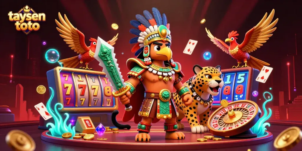 Spin the reels and win with taysen toto in this vibrant casino scene, featuring a dynamic Aztec warrior.