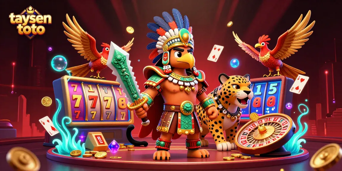 Spin the reels and win with taysen toto in this vibrant casino scene, featuring a dynamic Aztec warrior.