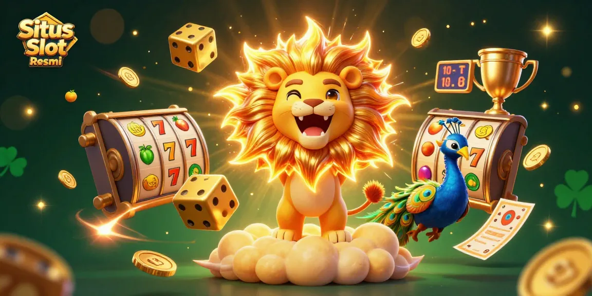Situs Slot Resmi menyuguhkan ilustrasi klasik dengan singa matahari berkilau dan simbol jackpot yang menggiurkan.