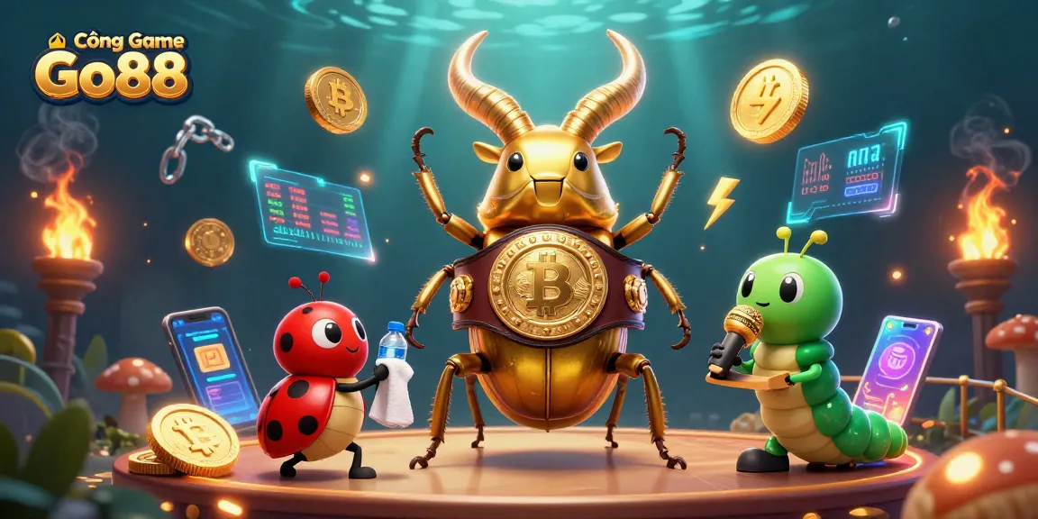 Cổng Game Go88 showcases a dynamic 3D scene with a giant golden stag beetle boxing, capturing the essence of a crypto casino.