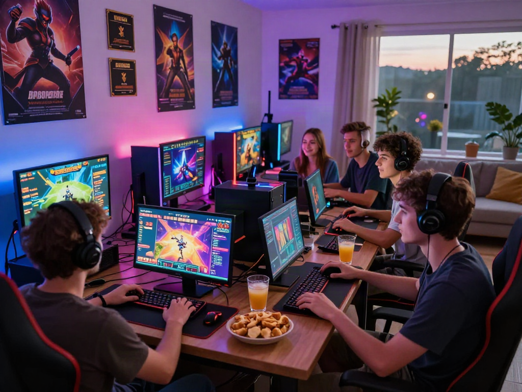 Friends enjoying an online slot gacor gaming night with vibrant screens and snacks.