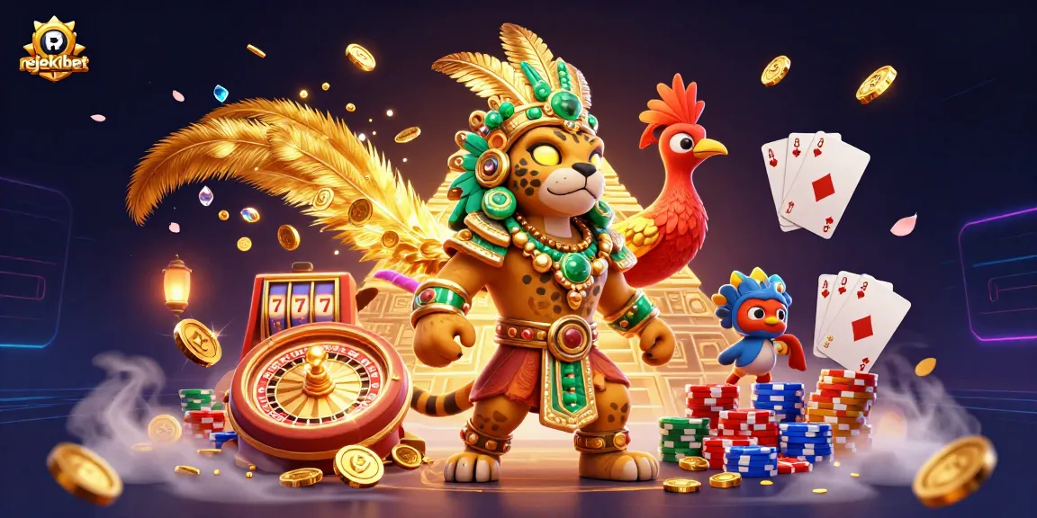 Experience rejekibet's vibrant gaming scene with dynamic slot elements, golden characters, and sparkling gems.