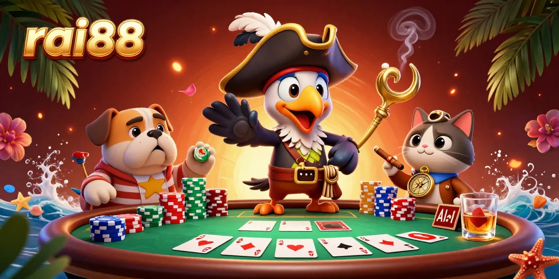 rai88 casino scene showcasing a colorful poker table with characters engaged in gameplay