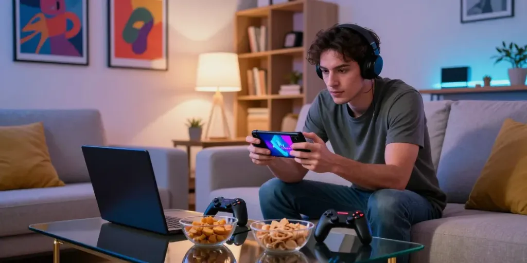 Excited gamer playing Yono Games on mobile device in a cozy living room.