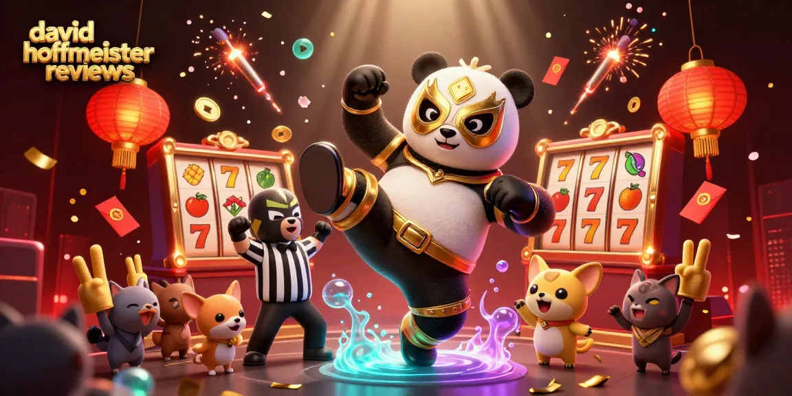 Engaging scene of a panda performing a flying kick with casino elements, highlighting david hoffmeister reviews.