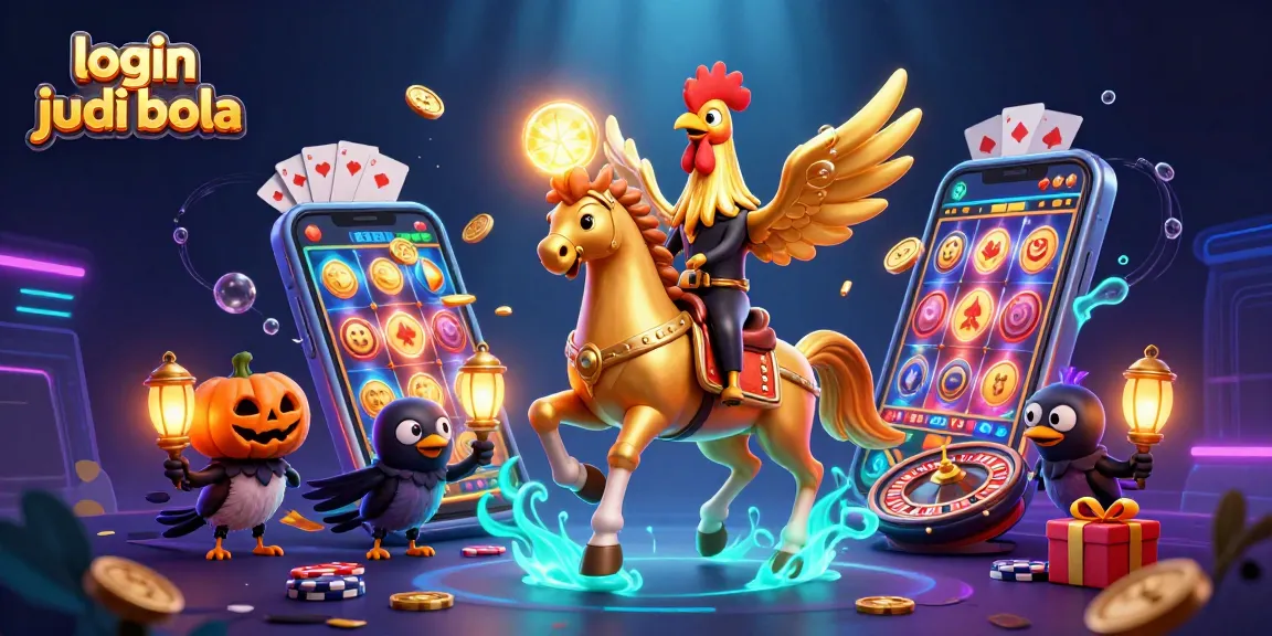 Experience tension and excitement with login judi bola in an intricate casino scene featuring treasure-filled smartphone, glowing symbols, and dynamic characters.