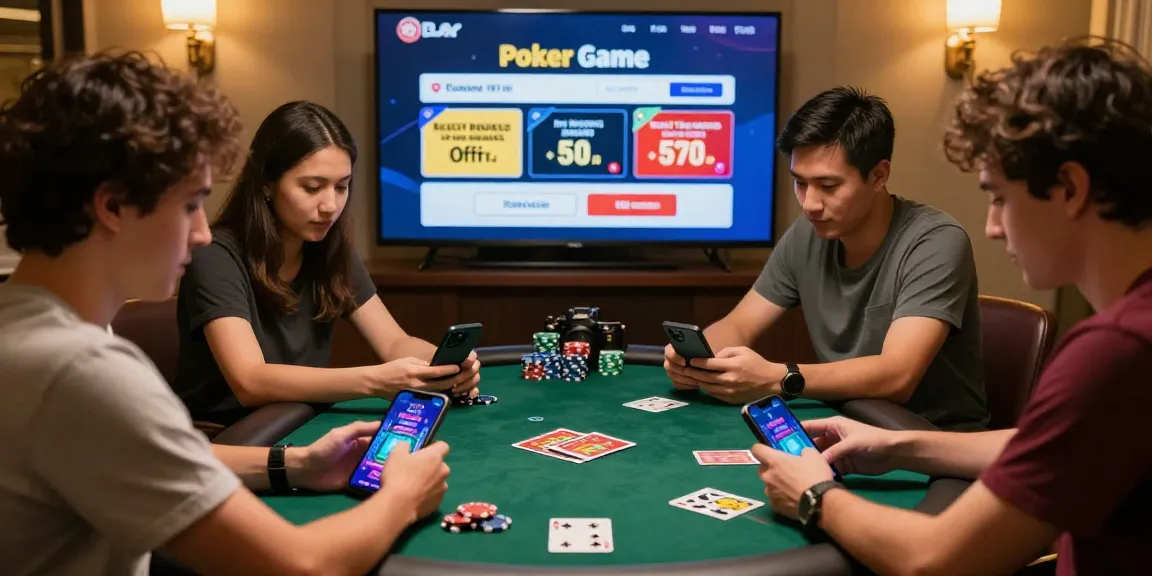 Friends playing Poker Game on smartphones with app link visible, showcasing exciting poker gameplay and camaraderie.