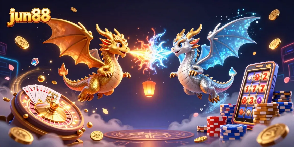 Experience the excitement of jun88 as dragons battle amidst cascading coins and vibrant casino elements.