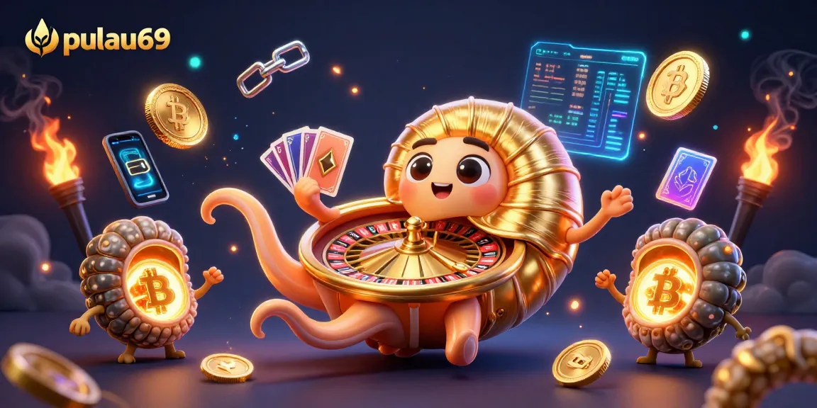 Play with pulau69 in a vibrant 3D casino scene featuring a giant nautilus and cryptocurrency elements.