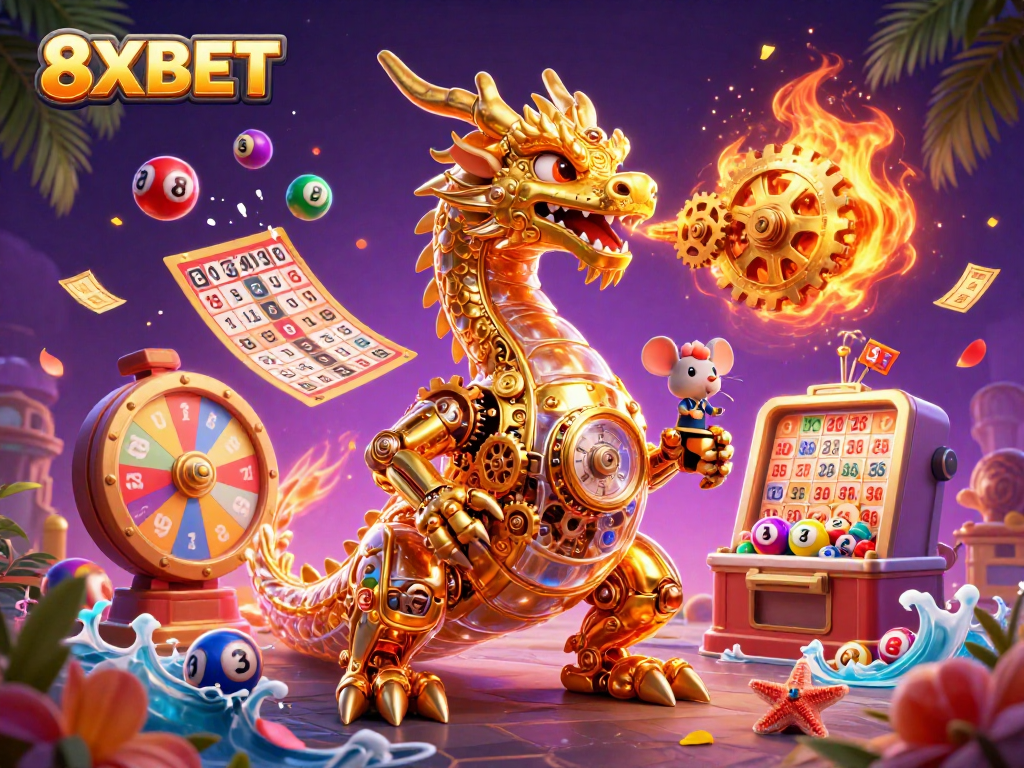 Engage in the thrilling gameplay experience of 8XBET with lively lottery elements and a striking dragon illustration.