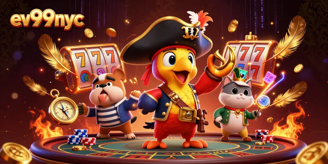 Experience thrilling gameplay at ev99nyc with pirate-themed slot reels, betting tokens, and rich casino elements.