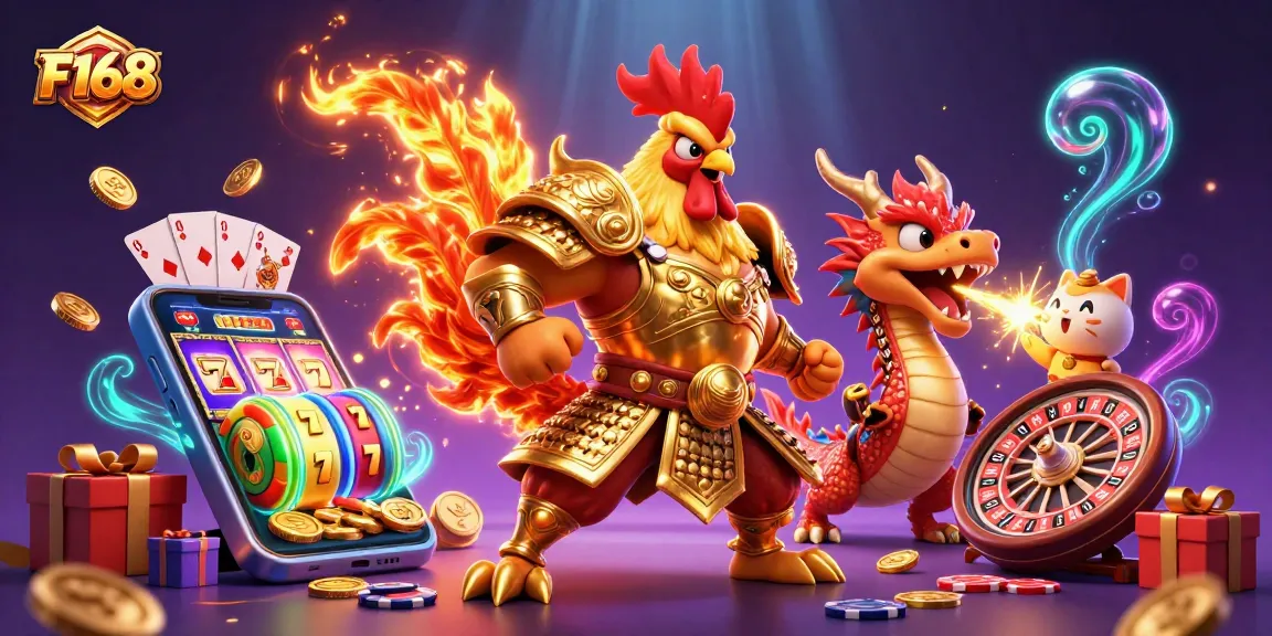 F168 offers thrilling gameplay featuring a cartoon rooster warrior and dragon amidst vibrant casino elements.