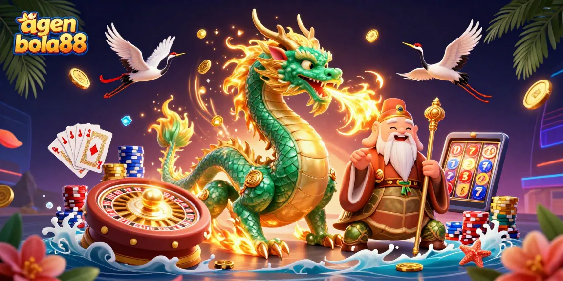 Experience thrilling gameplay with agen bola88, featuring a vivid 3D illustration of dragons, turtles, and classic casino elements.