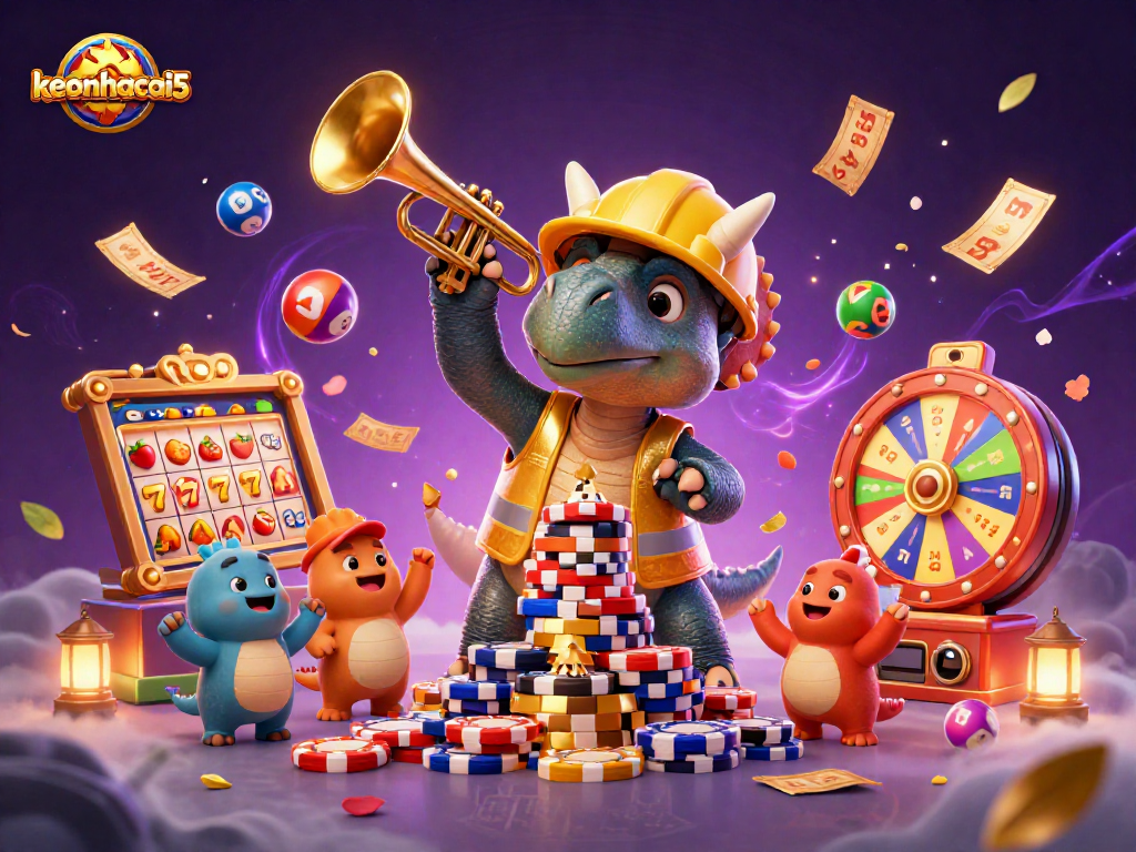 Engage with keonhacai5 as a triceratops builds a poker chip pyramid amid casino gaming elements.