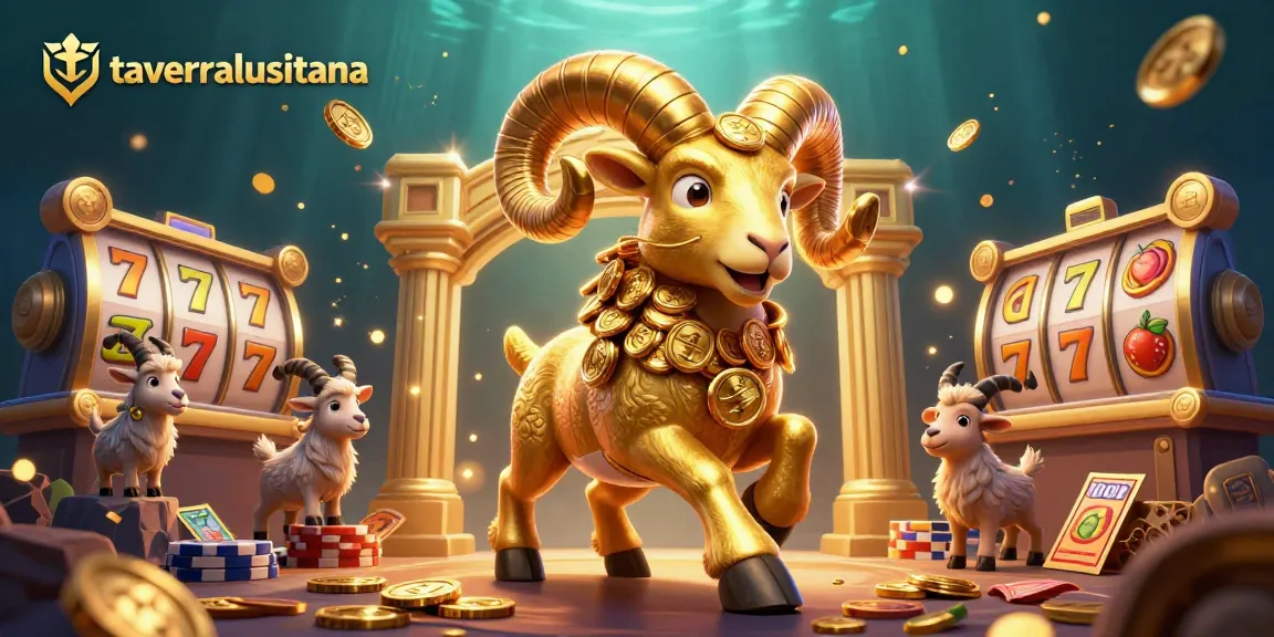 Play exciting slots at tavernalusitana featuring a golden ram charging through dazzling casino elements.