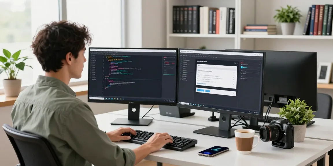 Workspace showcasing a developer working on a new registration domain list on dual monitors, with modern office elements.