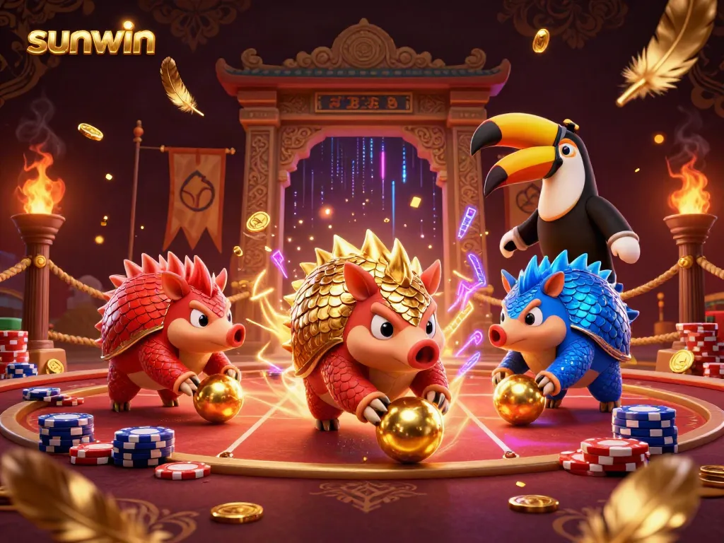 Experience thrilling gameplay with sunwin as pangolins roll through golden poker chips in a vibrant casino