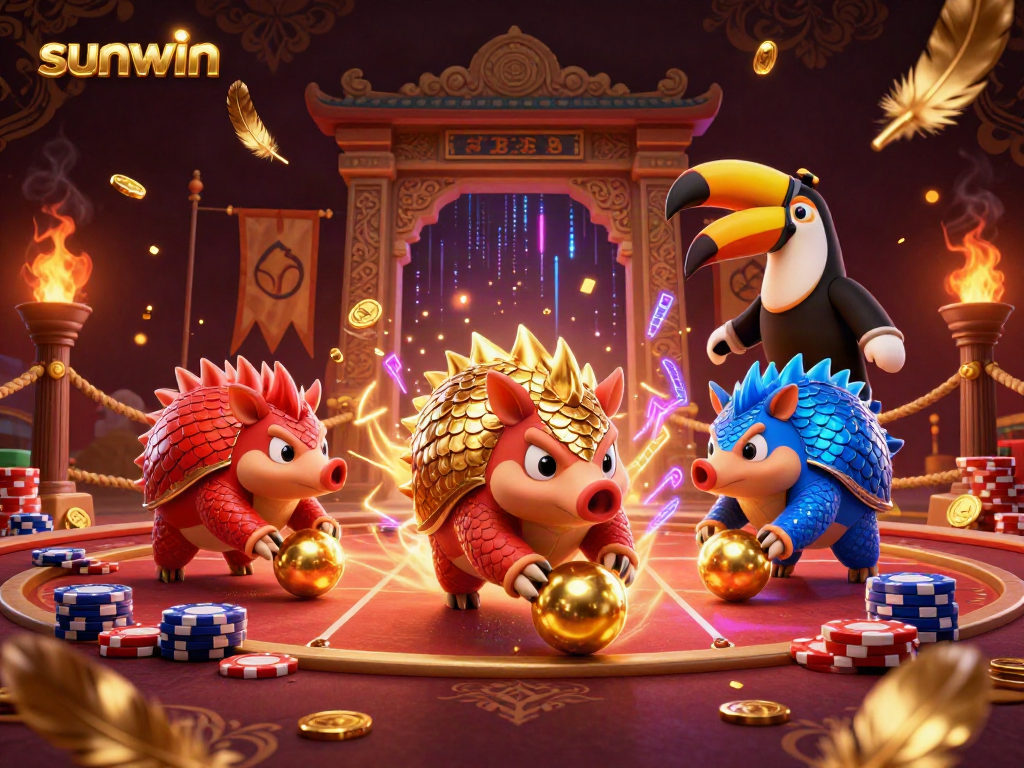 Experience thrilling gameplay with sunwin as pangolins roll through golden poker chips in a vibrant casino