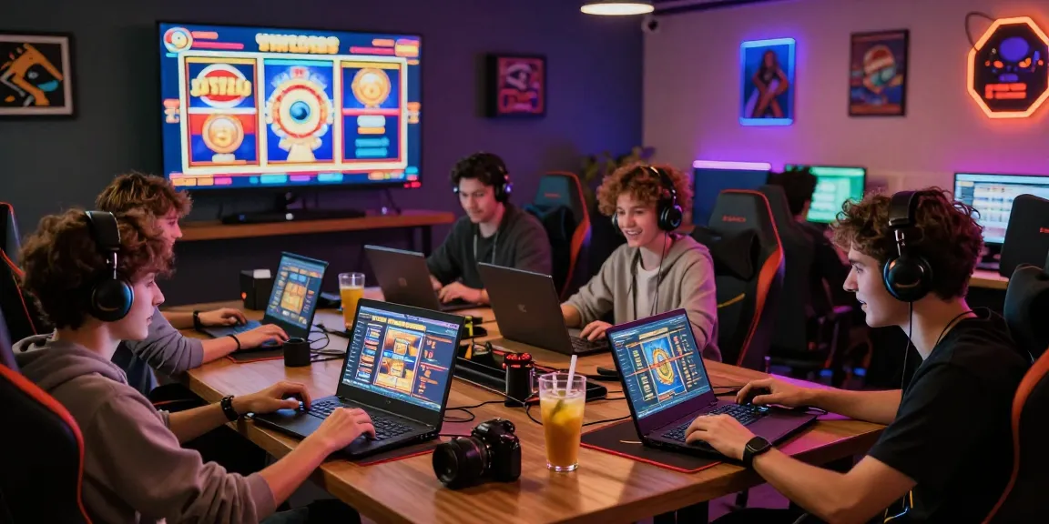Engaged gamers at https://garuda55.com/ enjoying exciting online slot gaming, showcasing vibrant atmosphere and community.
