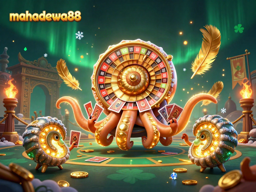 Engage with mahadewa88 in a vibrant 3D casino illustration showcasing a giant nautilus roulette wheel and glowing ammonites.