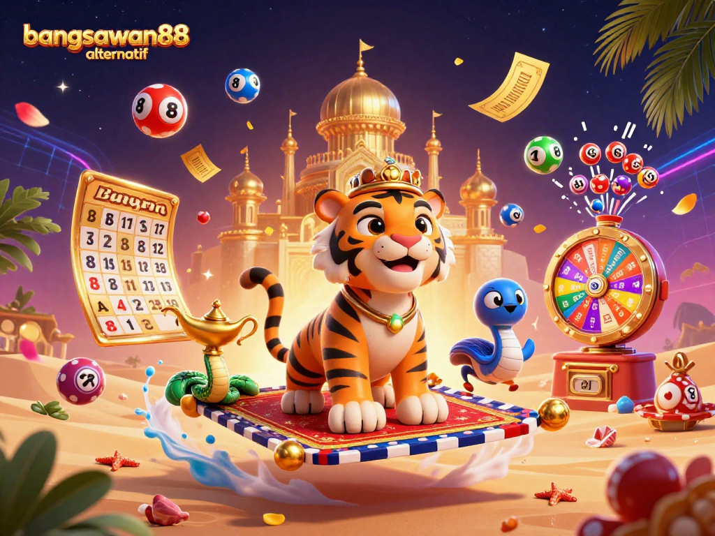 Bangsawan88 alternatif elevates excitement with a vibrant casino scene featuring lively lottery elements.