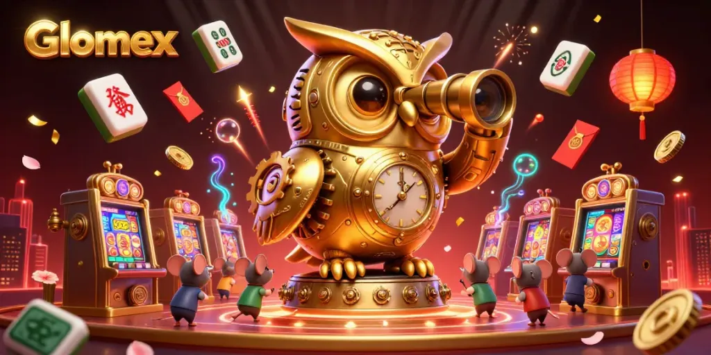 Experience thrilling gameplay with Glomex as the clockwork owl watches over a bustling casino floor filled with fortune symbols.