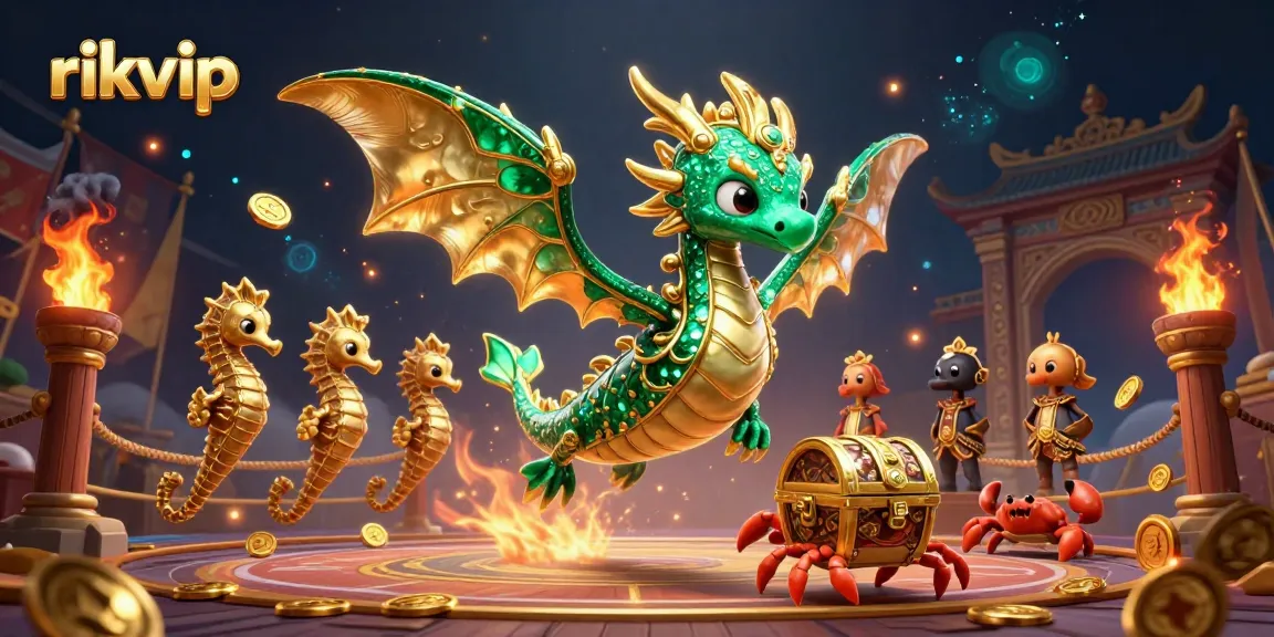 Experience the excitement of rikvip with a magical casino adventure featuring a sea dragon, treasure chest, and gold coins.
