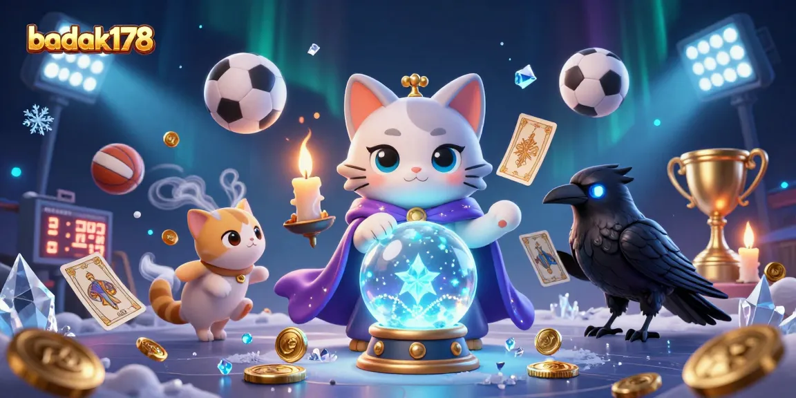 Experience the vibrant world of badak178 with a mystical cat and raven amidst dynamic sports elements.
