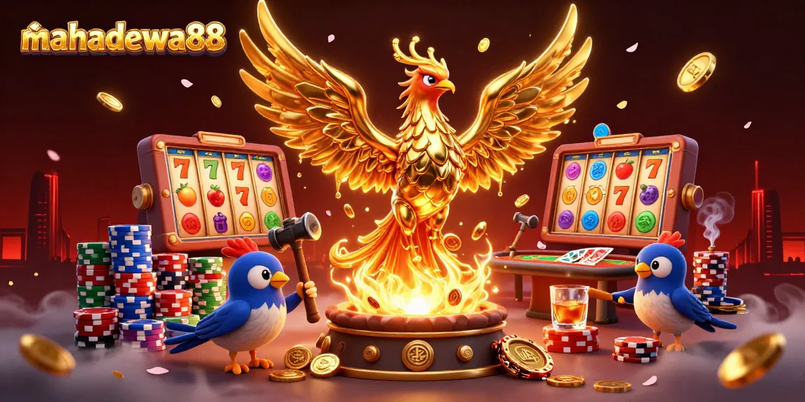 Experience the excitement of mahadewa88 with a stunning 3D golden phoenix releasing coins and slot reels.