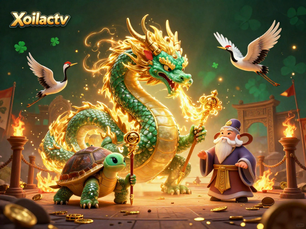 Xoilactv showcases a jade dragon and turtle sage in an engaging gambling arena setting.