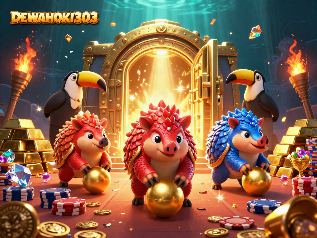 DEWAHOKI303 menghadirkan pengalaman bermain slot dengan karakter lucu dan elemen kasino yang megah.