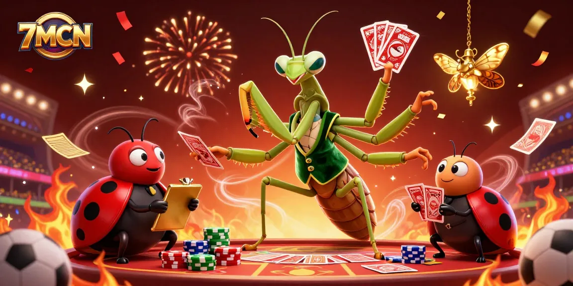 Experience live betting excitement with 7MCN as the mantis dealer interacts in a colorful sports gambling scene.
