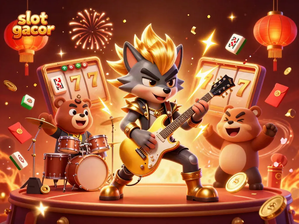 Experience the excitement of slot gacor with a rock star wolf and bear drummer on a vibrant casino stage.