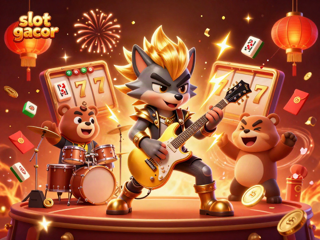 Experience the excitement of slot gacor with a rock star wolf and bear drummer on a vibrant casino stage.