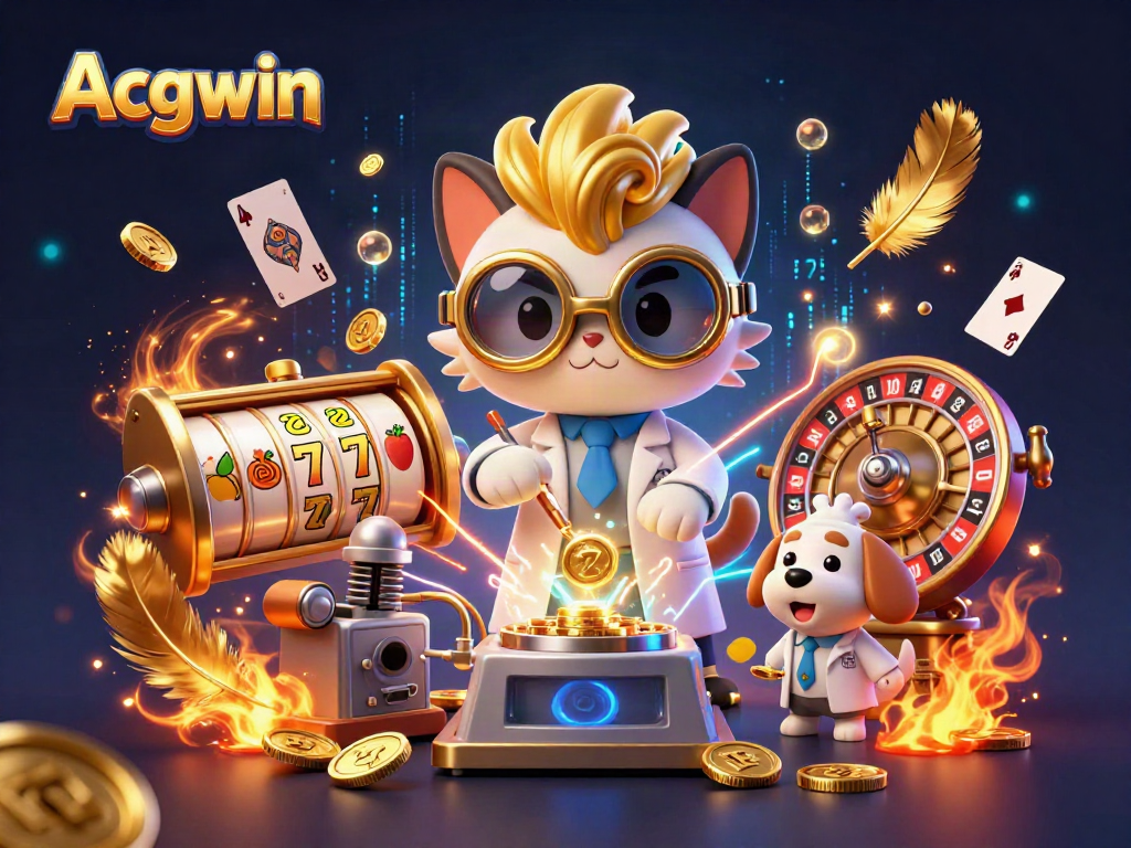 Acgwin's creative casino lab scene showcasing a mad scientist cat producing gold coins.